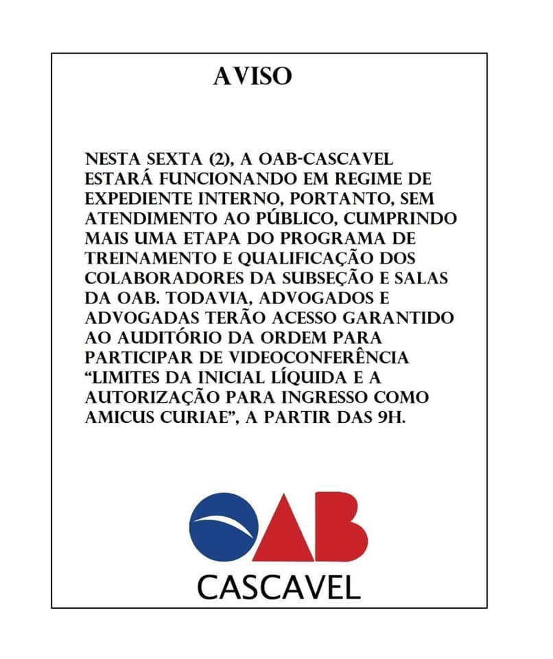 OAB Cascavel não terá atendimento ao público nessa sexta-feira (02)